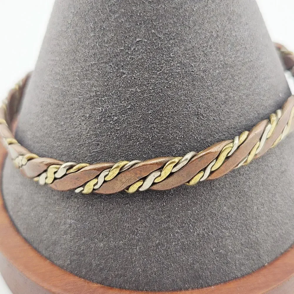 Tri-Metal Twisted Bangle Bracelet Woven Metallic Bohemian Artsy Stackable Artsy